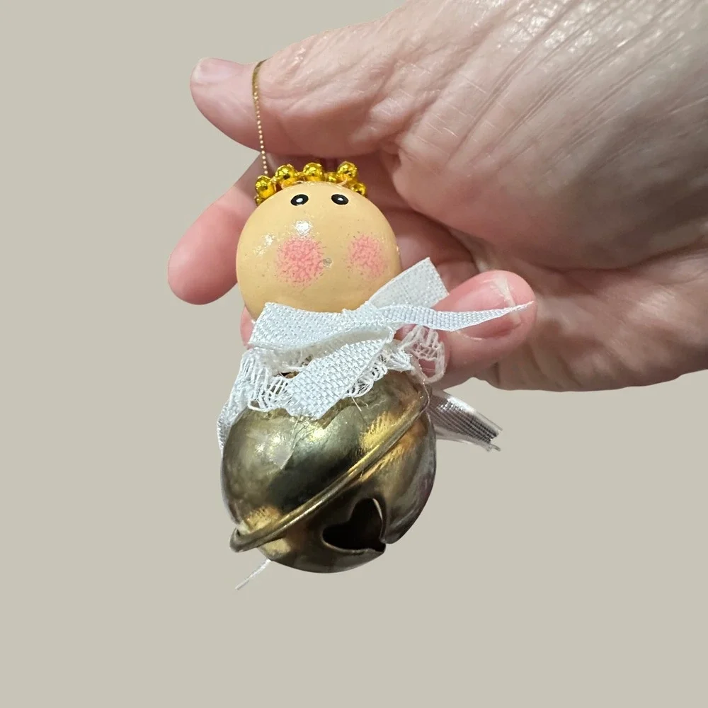 Vintage Angel Jingle Bell Christmas Ornament Gold Halo‎ Lace Bow Heart Cutout